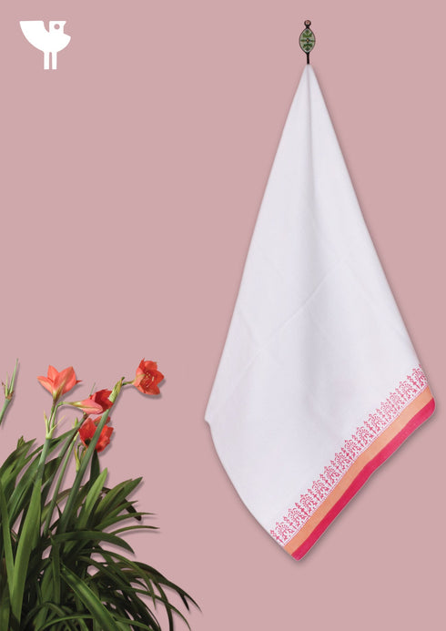 Handloom Cotton Bath Towel With Block Print Border